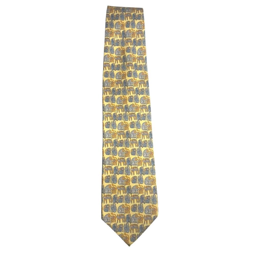 Vintage Leonard Paris Cat 100% Silk Tie Yellow Blue Animal Novelty France Luxury